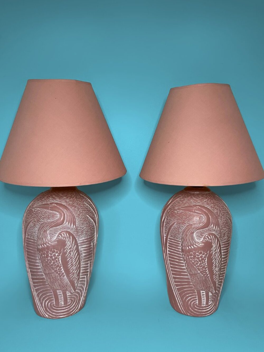 Dayle Rushall Ceramic Table Lamps – 1980s Mauve Heron Art Pottery Pair